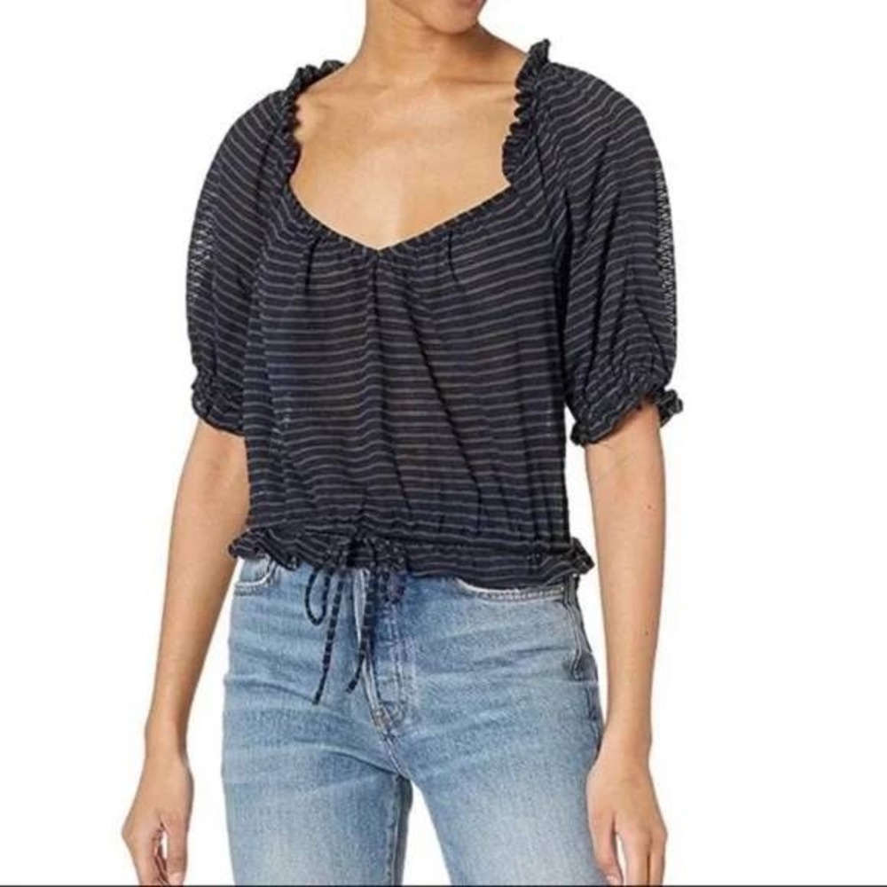 Free People Dorthy Crop Striped Ruffle Neck Drawstring Blouse Black Grey Large